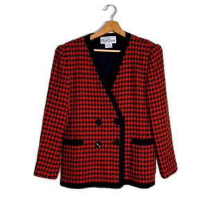 Oleg Cassini Houndstooth Jacket Women's Size 14 Orange Black Wool V-Neck Classic